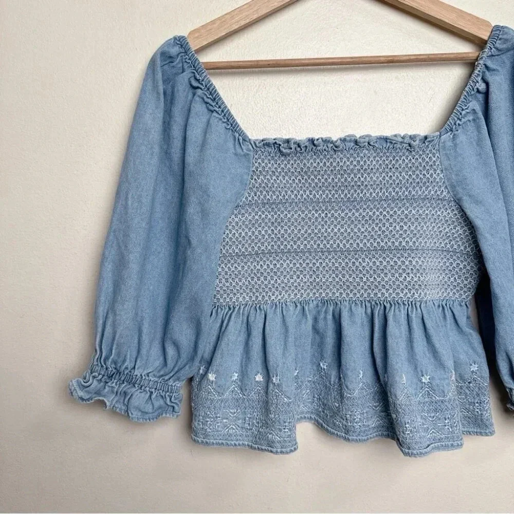American Eagle Womens Small Smocked Square Neck Babydoll Chambray Top - Picture 12 of 14